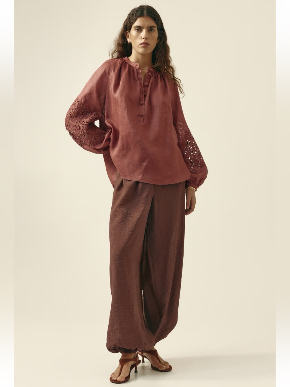 H&M EDITION NWT DUSTY RED LINEN BLOUSE WITH EYELET EMBROIDERY